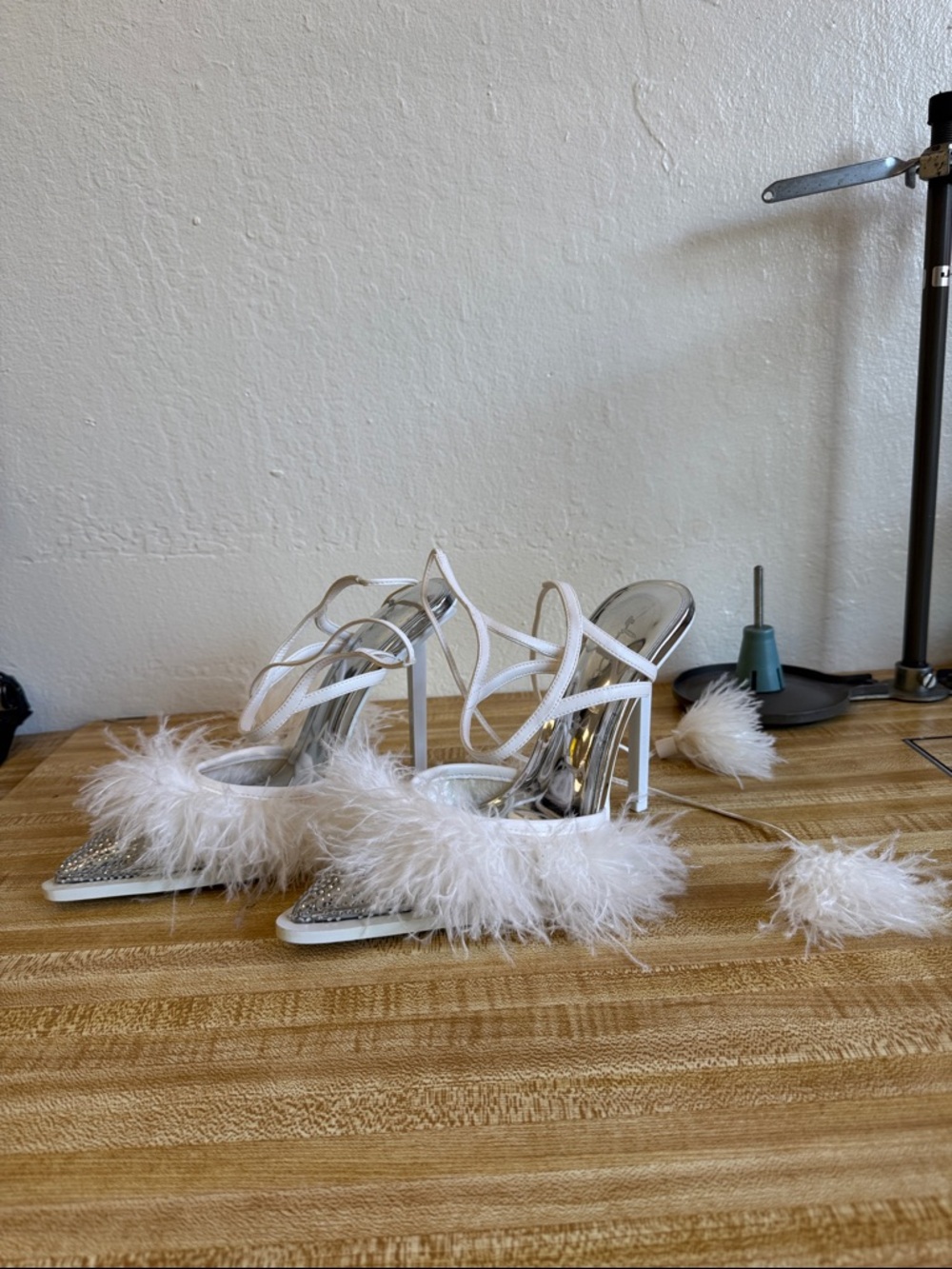 White Feather-Trim Strappy High Heels - Picture 8 of 10